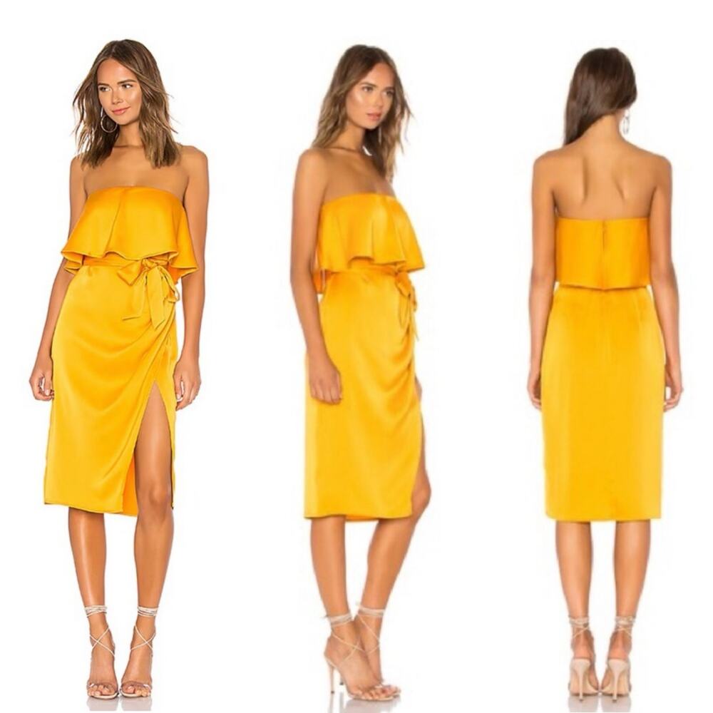 Lovers + Friends Violet Strapless Ruffle Midi Dress Marigold Yellow Extra Small